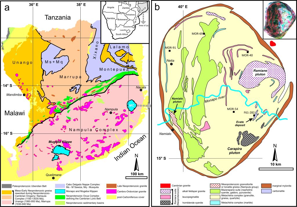 Zjednodušená geologická mapa severného Mozambiku a komplexu Monapo