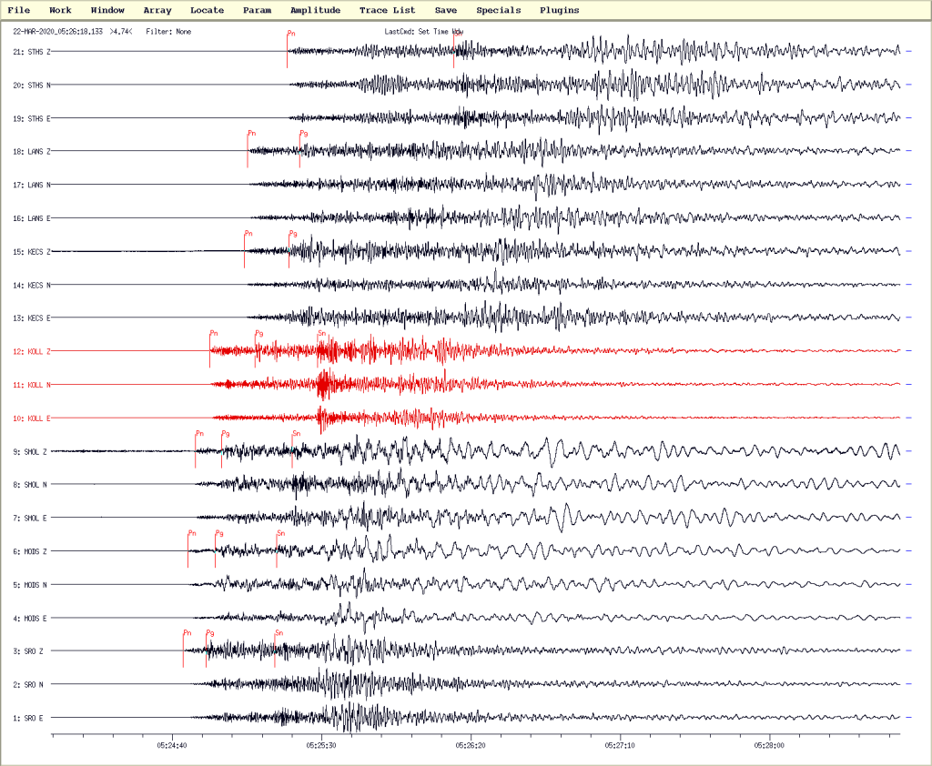 Záznamy zemetrasenia zo dňa 22.3.2020 o 6:24 miestneho času (5:24 UTC) pri Záhrebe v Chorvátsku stanicami Národnej siete seizmických staníc spolu s označením časov príchodov identifikovaných seizmických vĺn.