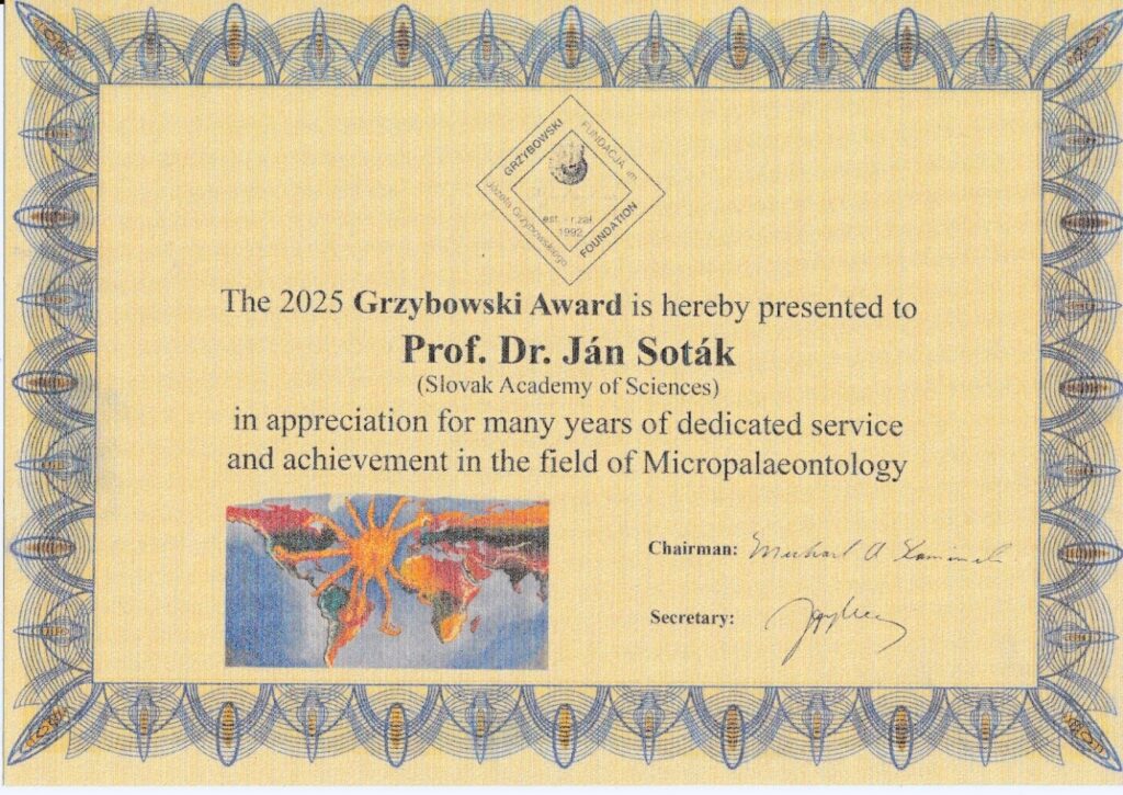 Diplom udelený nadáciou Grzybowského pre doc. RNDr. Jána Sotáka, DrSc. za obetavú prácu a dosiahnuté úspechy v odbore mikropaleontológie.