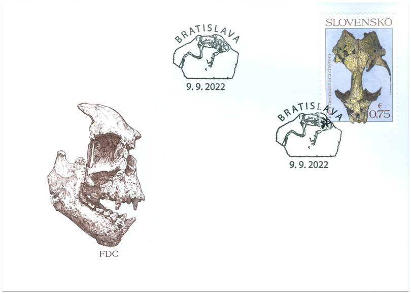 Obálka prvého dňa vydania (FDC) s poštovou známkou lebky tuleňa Devinophoca claytoni zo Štokeravskej vápenky – Bonanzy, grafickým zobrazením lebky primáta – opice Pliopithecus vindobonensis, tiež zo Štokeravskej vápenky – tzv. Zapfeho špatly. Originál je súčasťou zbierok Prírodovedného múzea vo Viedni. Štylizovaná pečiatka obsahuje motív fosílie žaby – ropuchy Bufo priscus z lokality Bonanza. Zdroj: POFIS