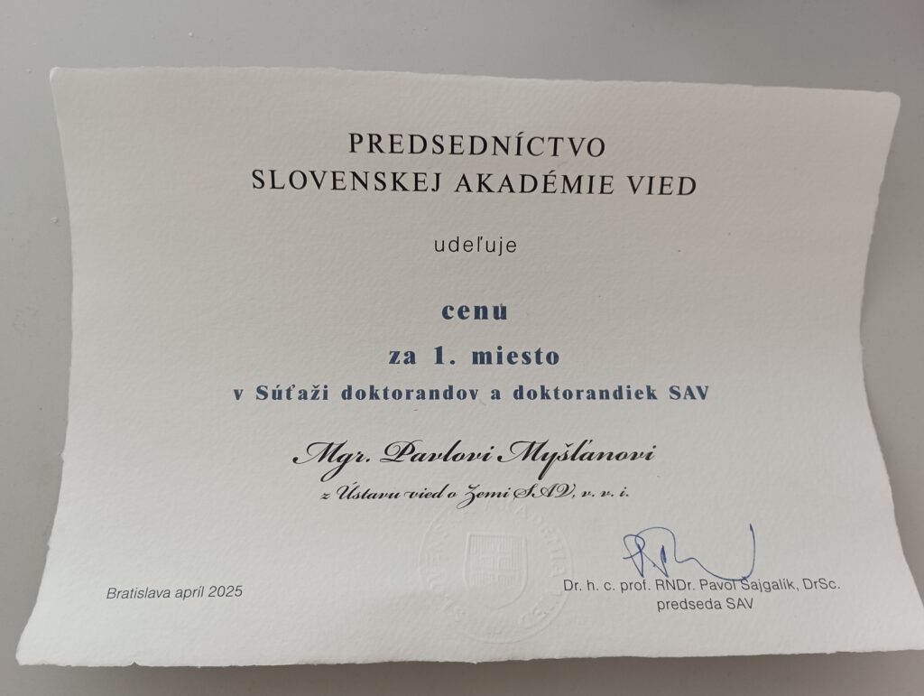 Diplom za 1. miesto v súťaži doktorandov a doktorandiek SAV pre Pavla Myšľana. Foto: archív ÚVZ SAV