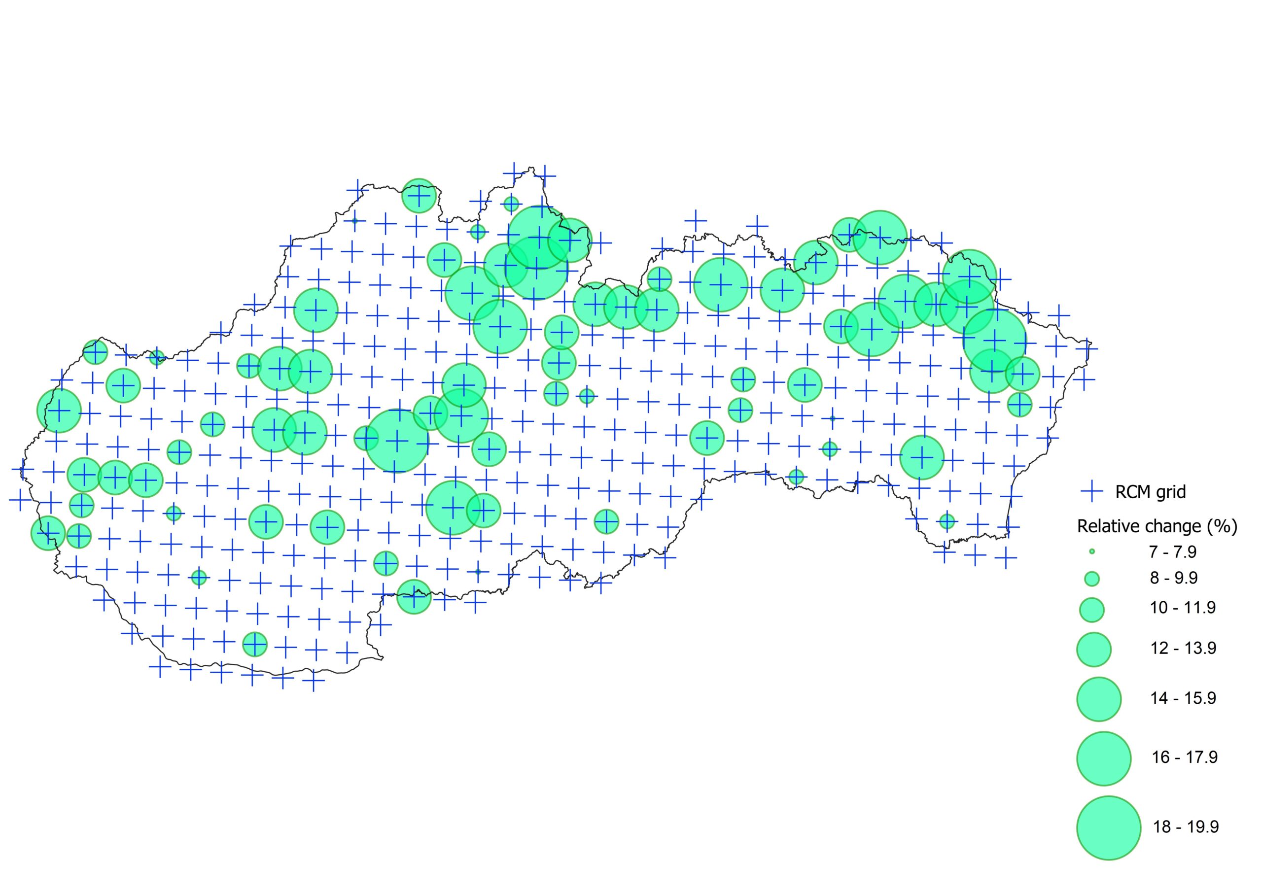 Mapa relatívnych zmien odhadovaných kvantilov atmosférických zrážok