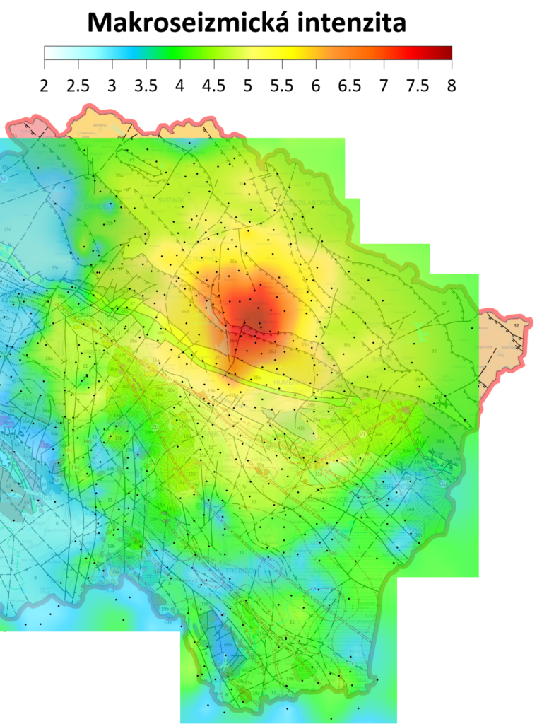 Mapa makroseizmických intenzít na podklade tektonickej mapy priebehu hlavných zlomových rozhraní