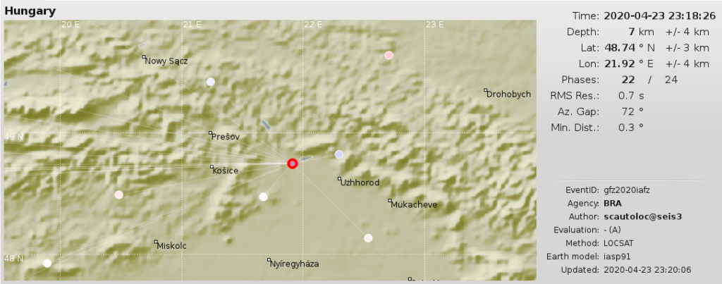 Výsledky prvého automatického spracovania záznamov zemetrasenia zo dňa 24.4.2020.
