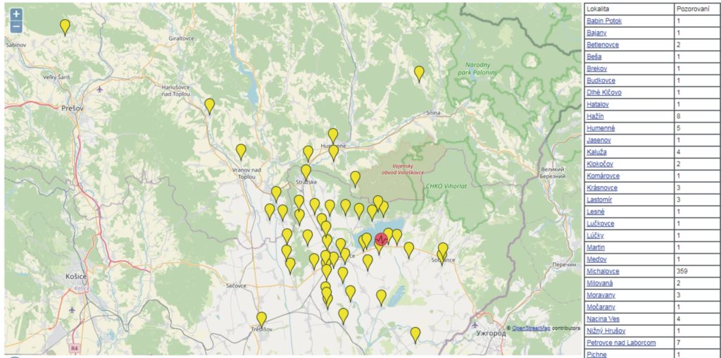 Lokalizácia epicentra zemetrasenia z 24. 4. 2020  a miesta pozorovaní zemetrasenia so stavom hlásení k 29. 4. 2020 (512 pozorovaní)